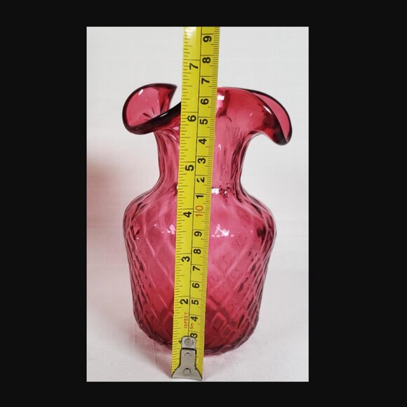 Vintage 7” Cranberry Red Glass Vase | Diamond Embossed Pattern Mid-Century Decor - Picture 6 of 6